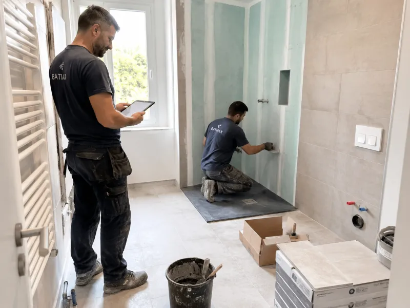 Photo envoyée à BatiaxIA : salle de bain en cours de rénovation, douche à l'italienne